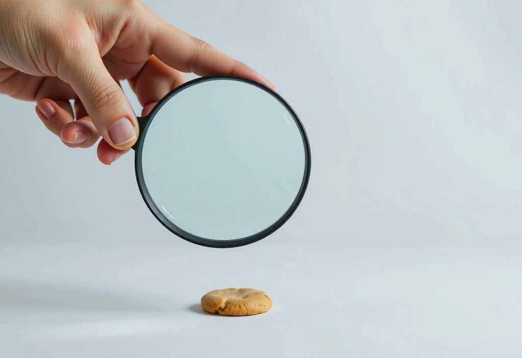 A hand holding a magnifying glass over a cookie, symbolizing cookie policy review