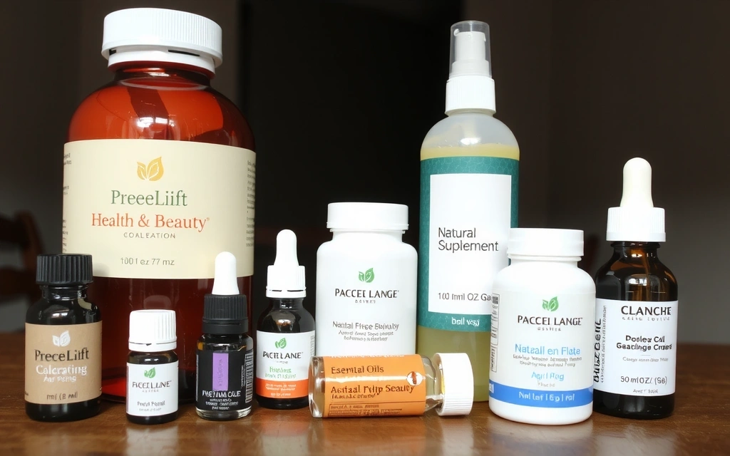 A variety of natural health and beauty products, including skincare, supplements, and essential oils, arranged aesthetically on a wooden surface with soft, natural lighting.