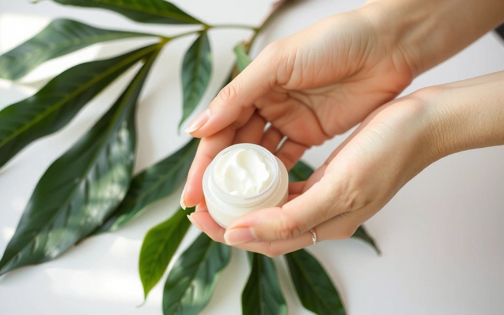 A person's hands gently applying a natural face cream to their skin, with a backdrop of green leaves and soft light, emphasizing self-care and gentle use.
